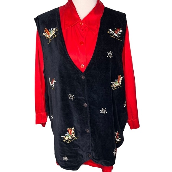 Karen Arnold Women Silk Holiday Red 3/4 Sleeve Button Down Blouse Plus Size 3X - Picture 2 of 12